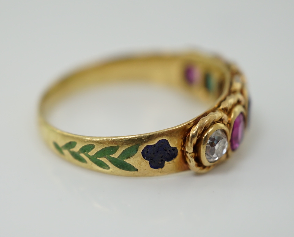 A 19th century gold, two colour enamel and graduated multi gem set 'Regard' half hoop ring